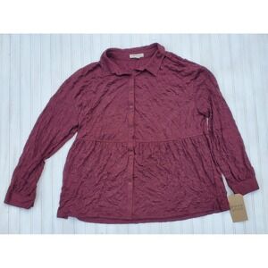 NWT Frye And Co Maroon Crinkle‎ Textured Button Down Shirt Top Size Extra Large